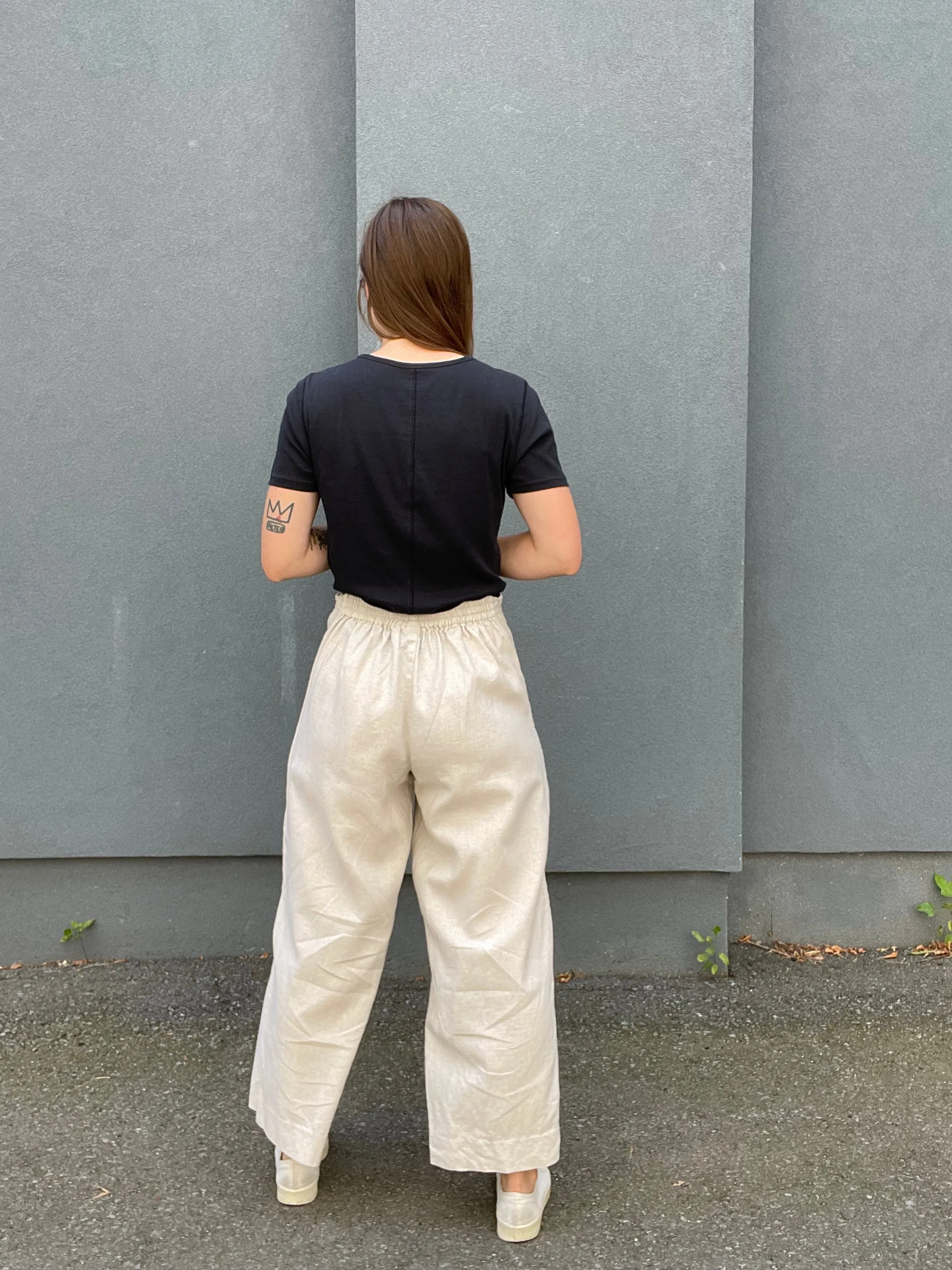 90s Oatmeal Linen-Blend Drawstring Culottes - S/M