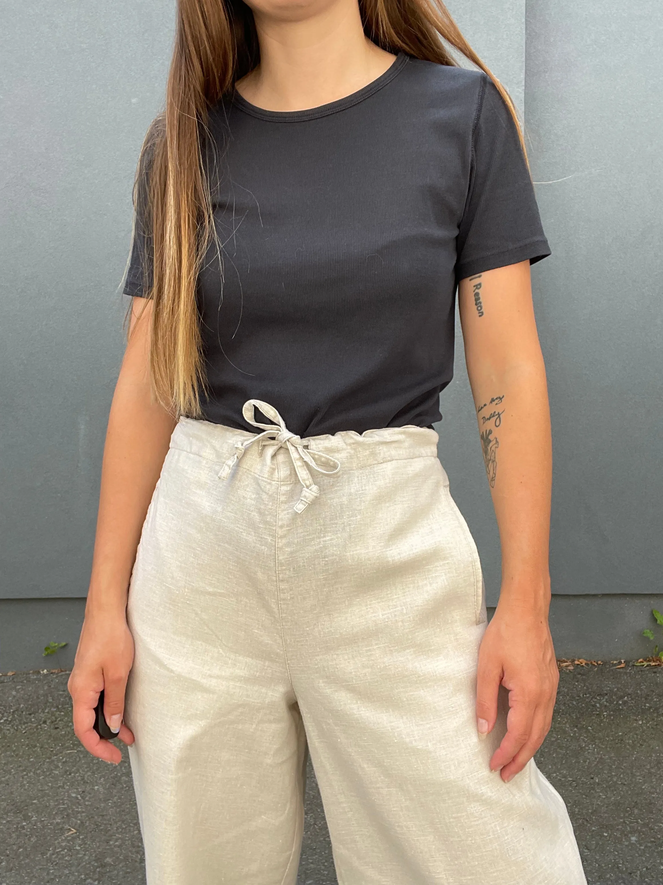 90s Oatmeal Linen-Blend Drawstring Culottes - S/M