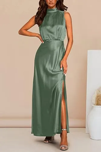 A Line Sleeveless Mock Neck Satin Ankle-Length Bridesmaid Dresses