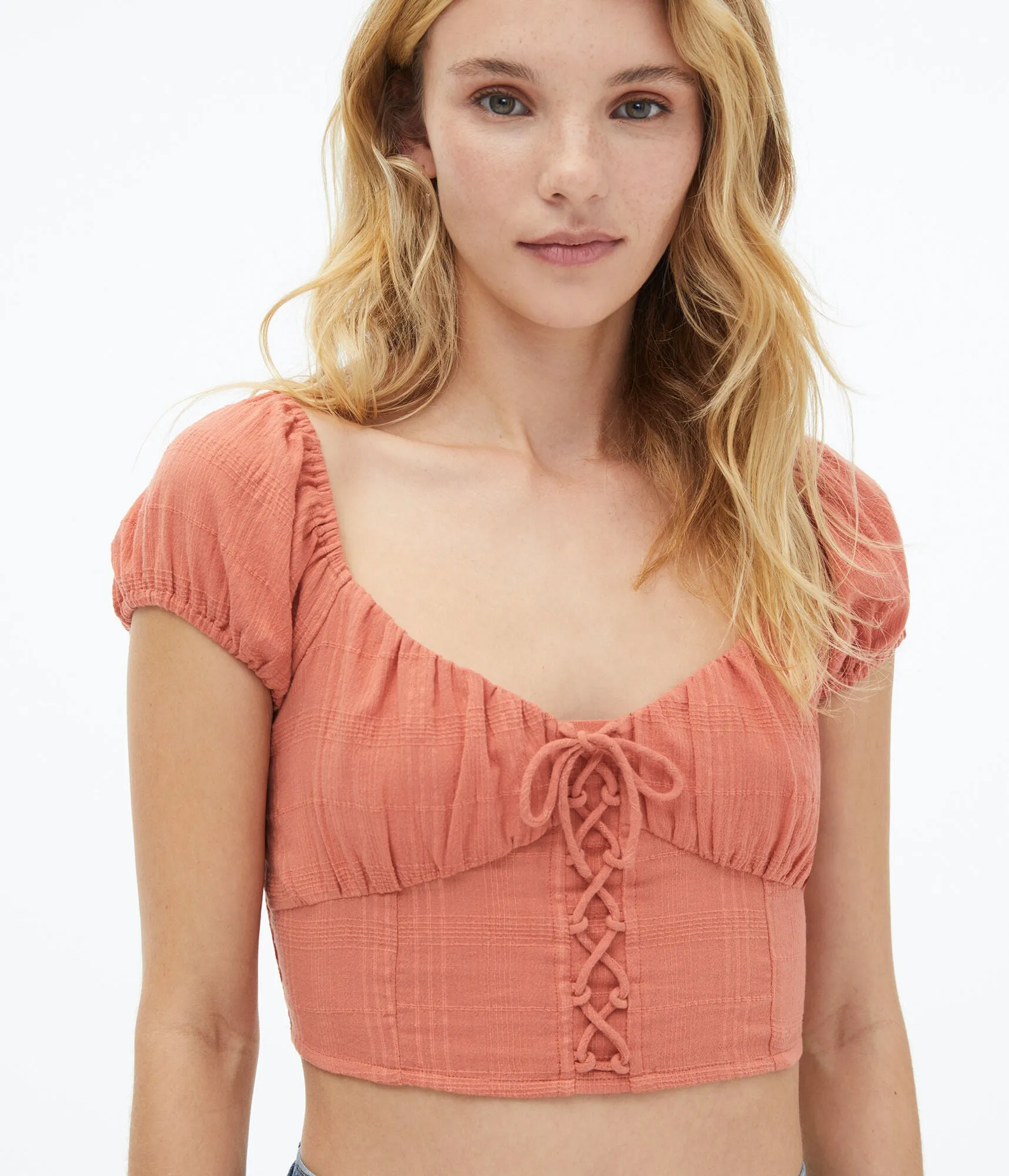 Aeropostale Womens' Textured Lace-Front Crop Top - Orange - Size XXL - Cotton - Teen Fashion & Clothing Autumn Fire