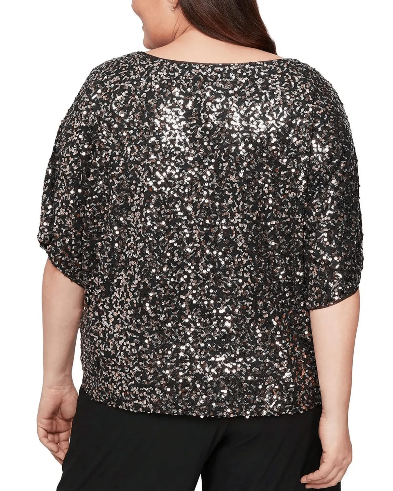 Alex Evenings Women's Sequined Cold Shoulder Plus Blouse Black Size XL | Black