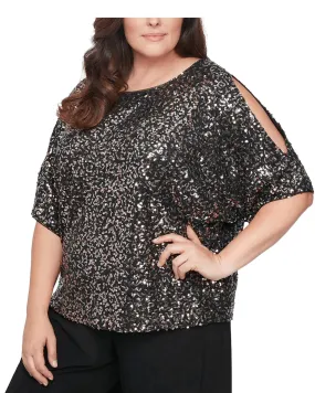 Alex Evenings Women's Sequined Cold Shoulder Plus Blouse Black Size XL | Black