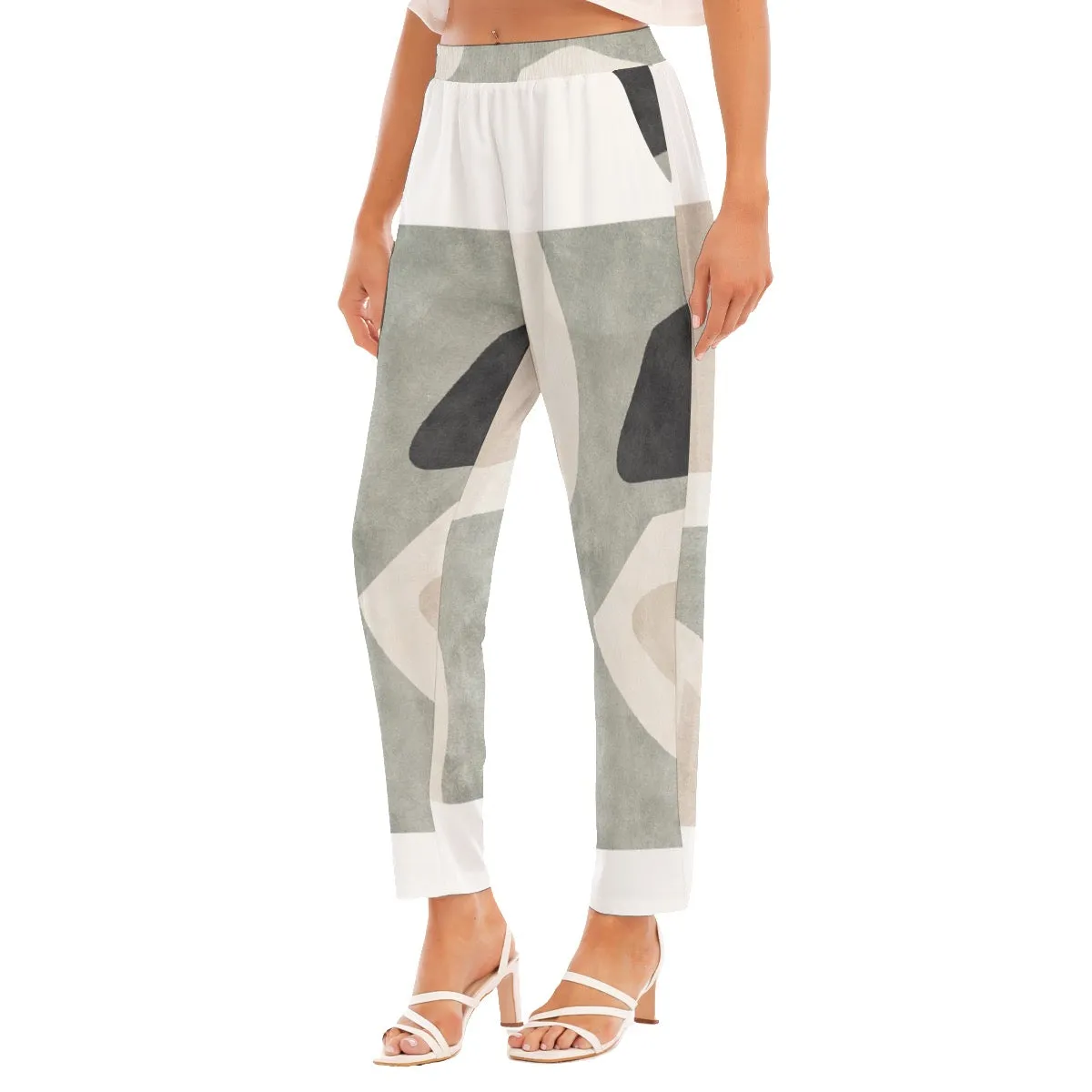 All-Over Print Women's Loose Straight-leg Pants 105 I olive,  black and beige print