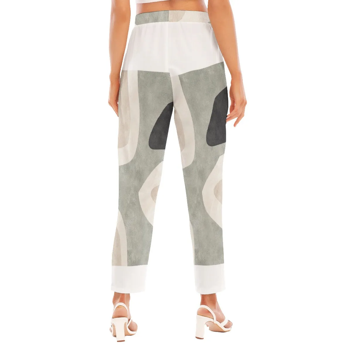 All-Over Print Women's Loose Straight-leg Pants 105 I olive,  black and beige print