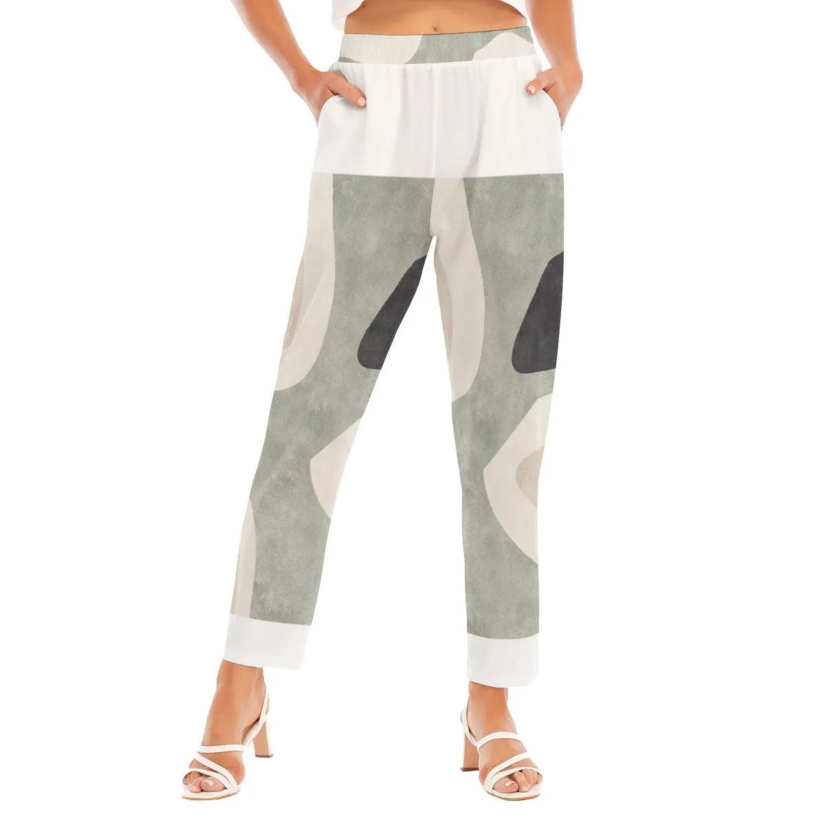 All-Over Print Women's Loose Straight-leg Pants 105 I olive,  black and beige print