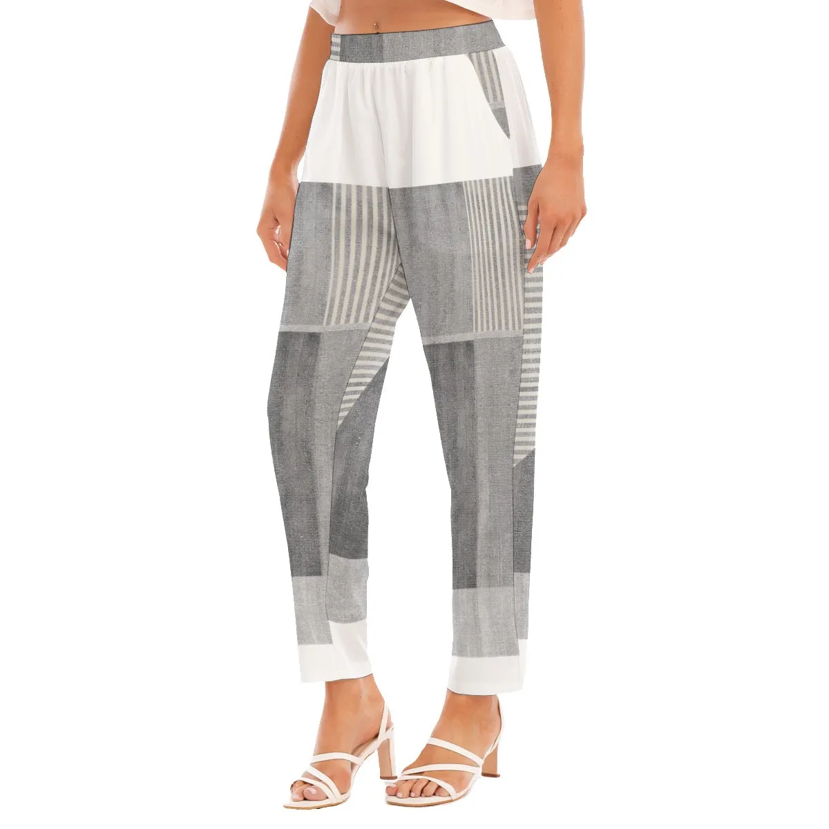 All-Over Print Women's Loose Straight-leg Pants 106 gray and white print