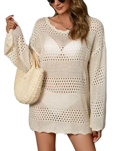 Alsol Lamesa Women’s Swimsuit Crochet Cover Up Summer Long Sleeve Knit Bathing Suit Cover Up Swimwear Mesh Tops