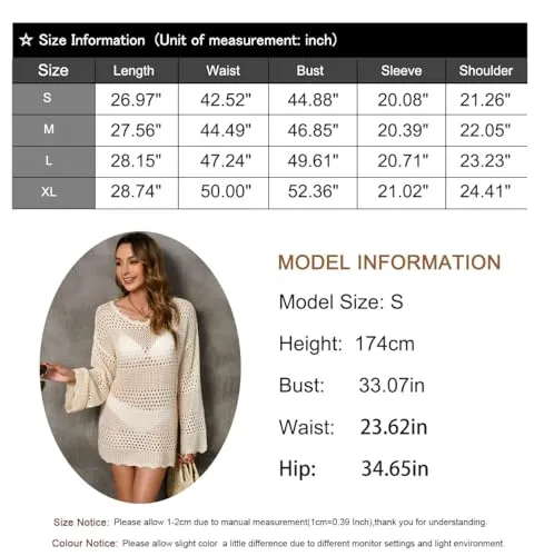 Alsol Lamesa Women’s Swimsuit Crochet Cover Up Summer Long Sleeve Knit Bathing Suit Cover Up Swimwear Mesh Tops