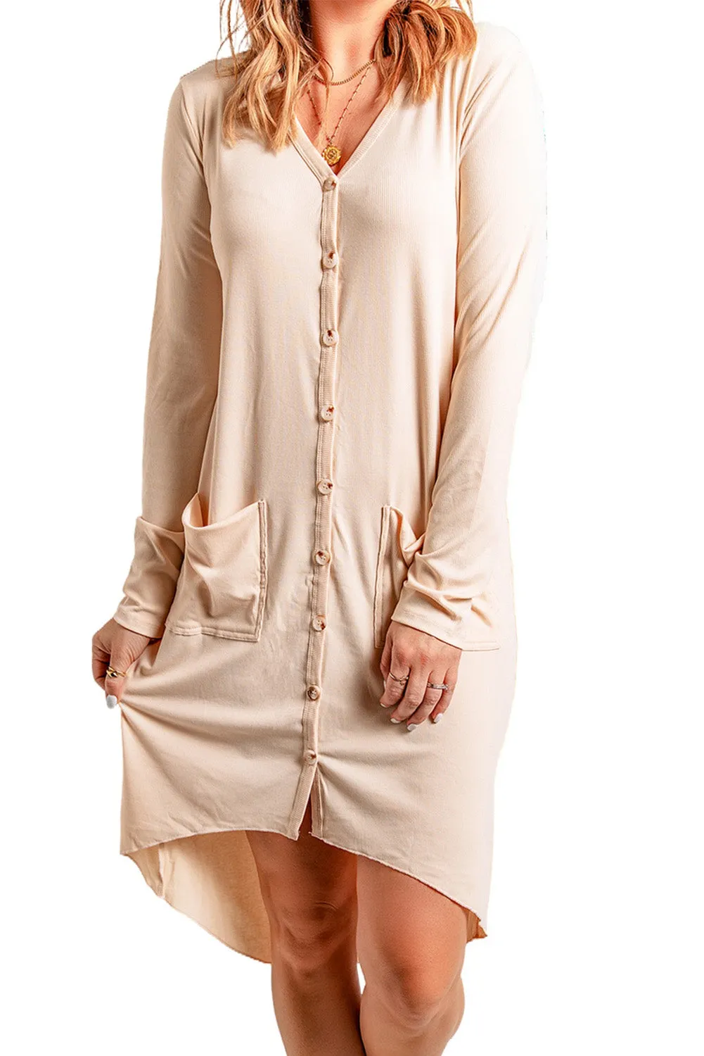 Apricot V-Neck Button-Up Cardigan with Pockets