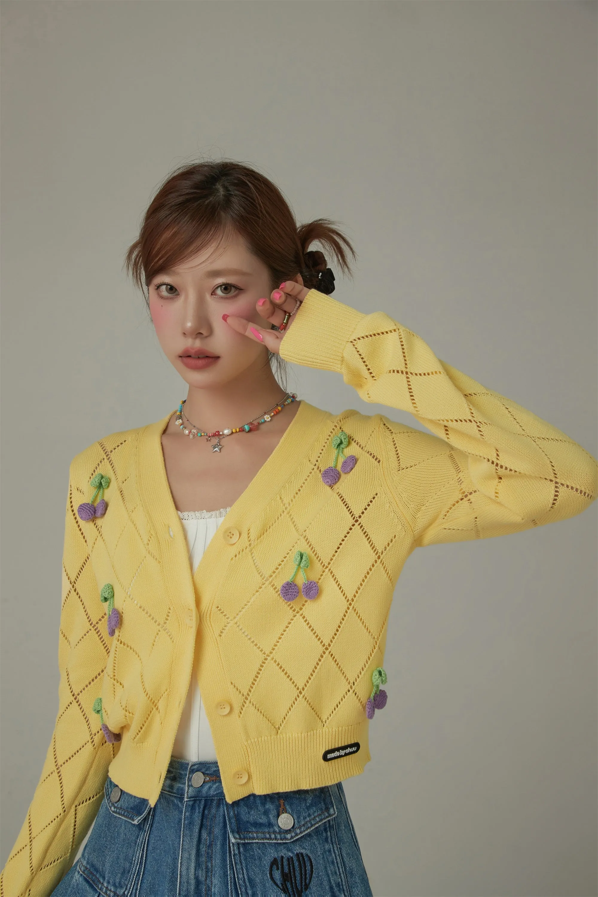 Argyle Knit Cherry Button Cardigan