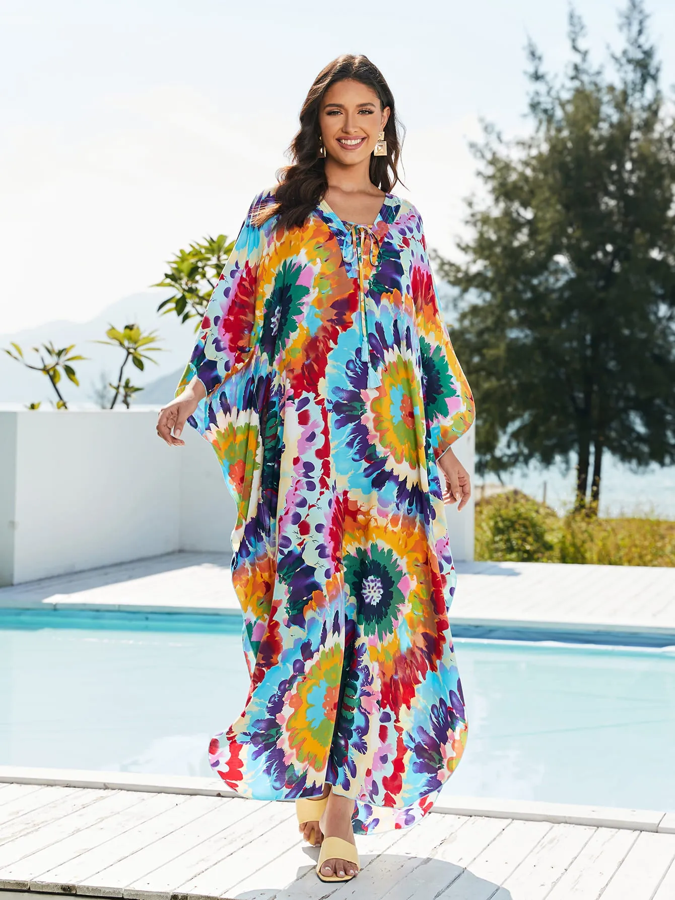 Batwing Sleeve Black & White Kaftan Swimsuit Cover