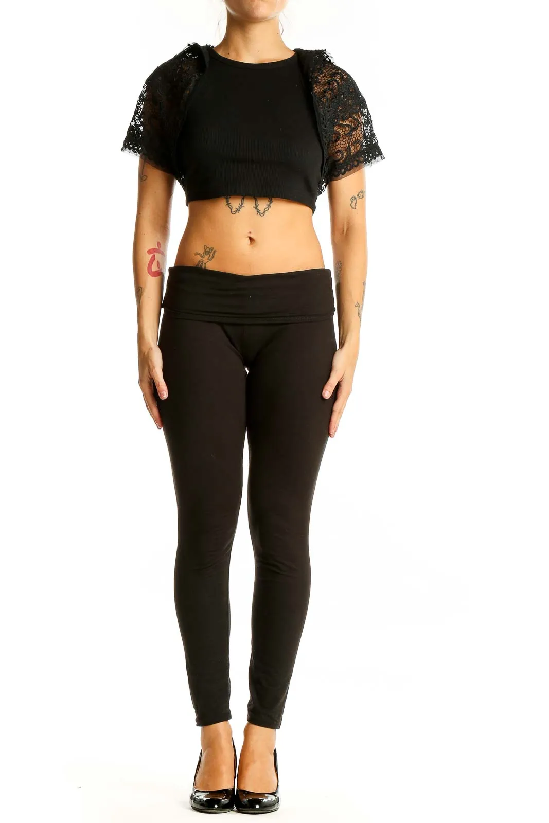 Black Lace Sleeve Crop Top