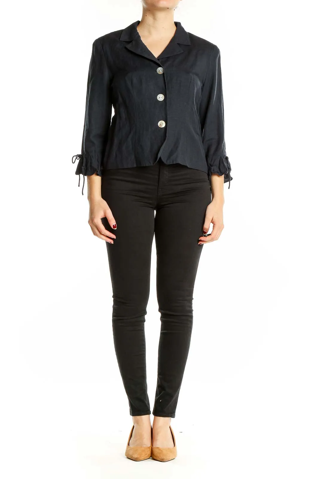 Black Linen-Rayon Blend Cropped Jacket