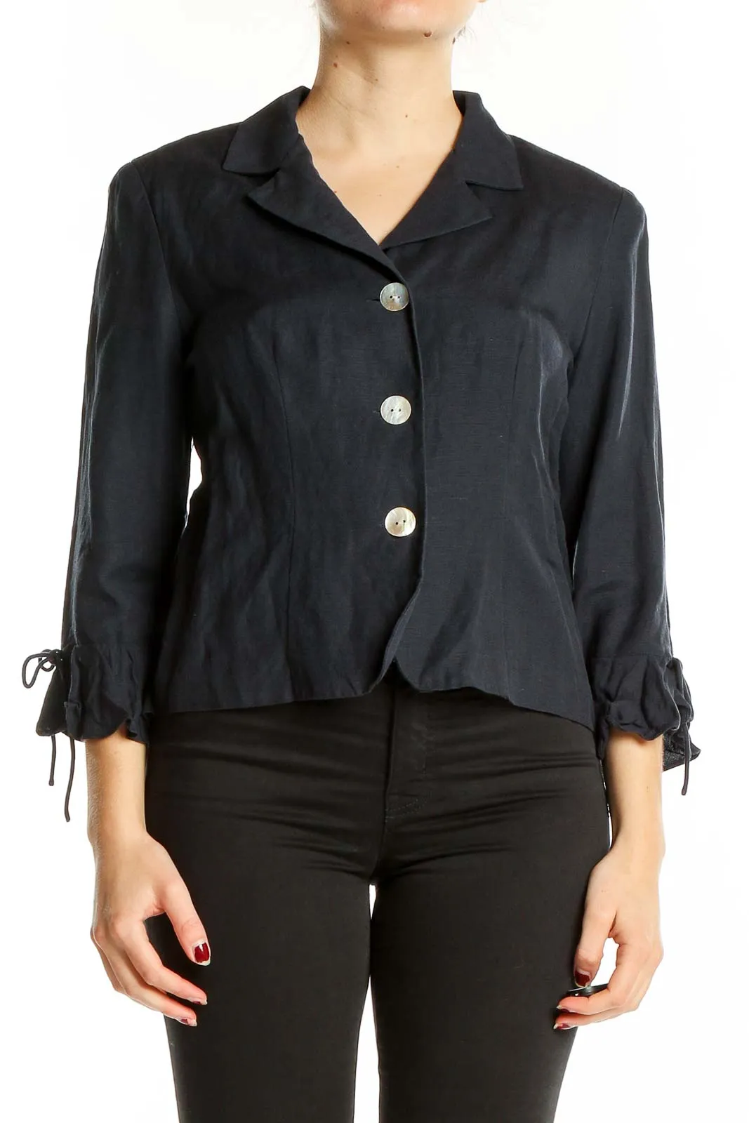 Black Linen-Rayon Blend Cropped Jacket