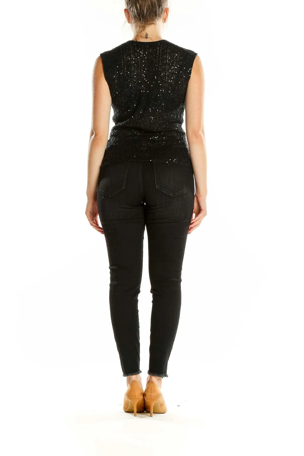 Black Sequined Sleeveless Silk Top