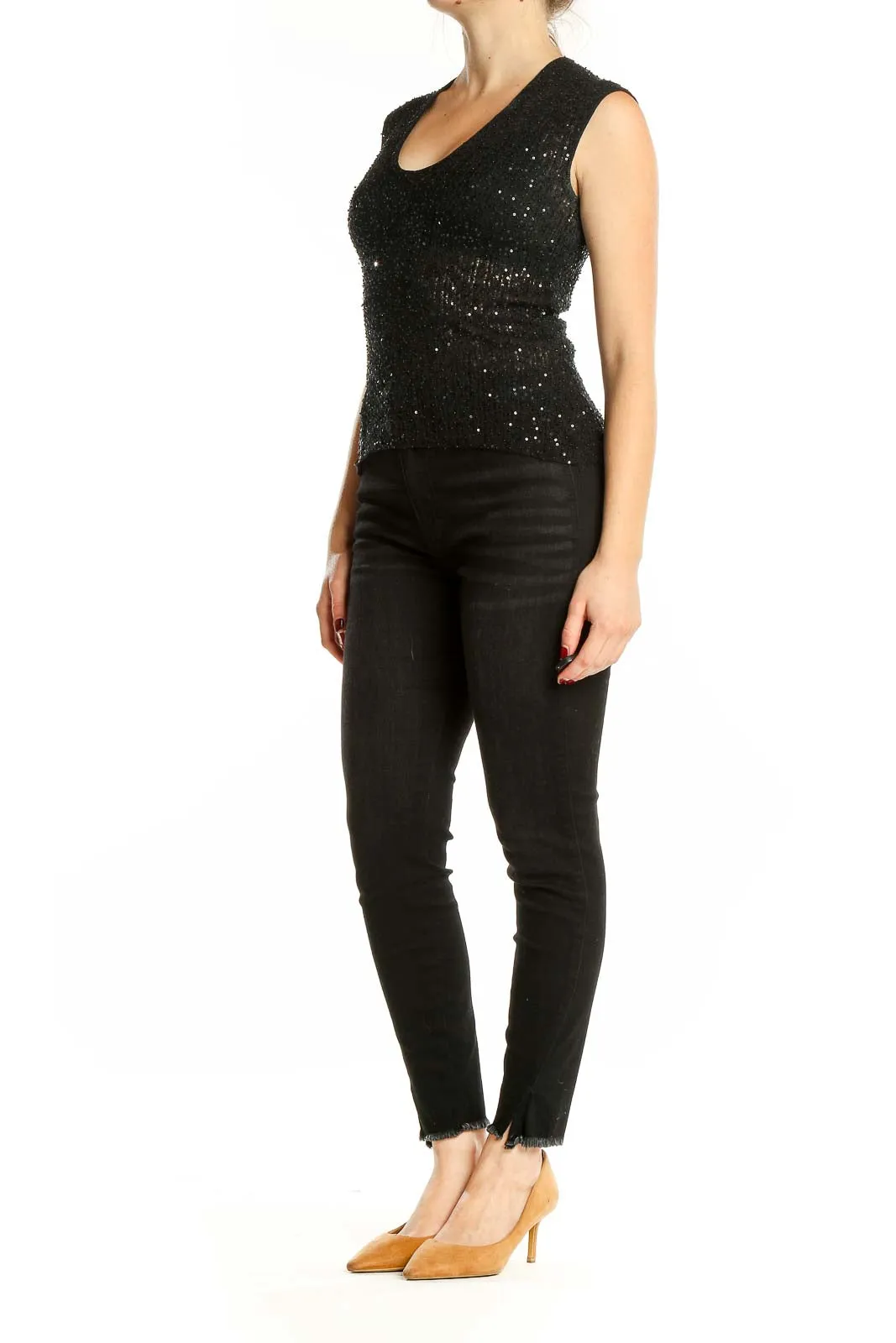 Black Sequined Sleeveless Silk Top