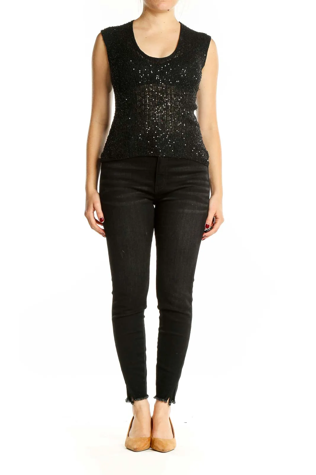 Black Sequined Sleeveless Silk Top