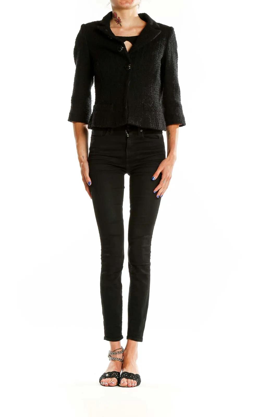 Black Textured Cropped Blazer