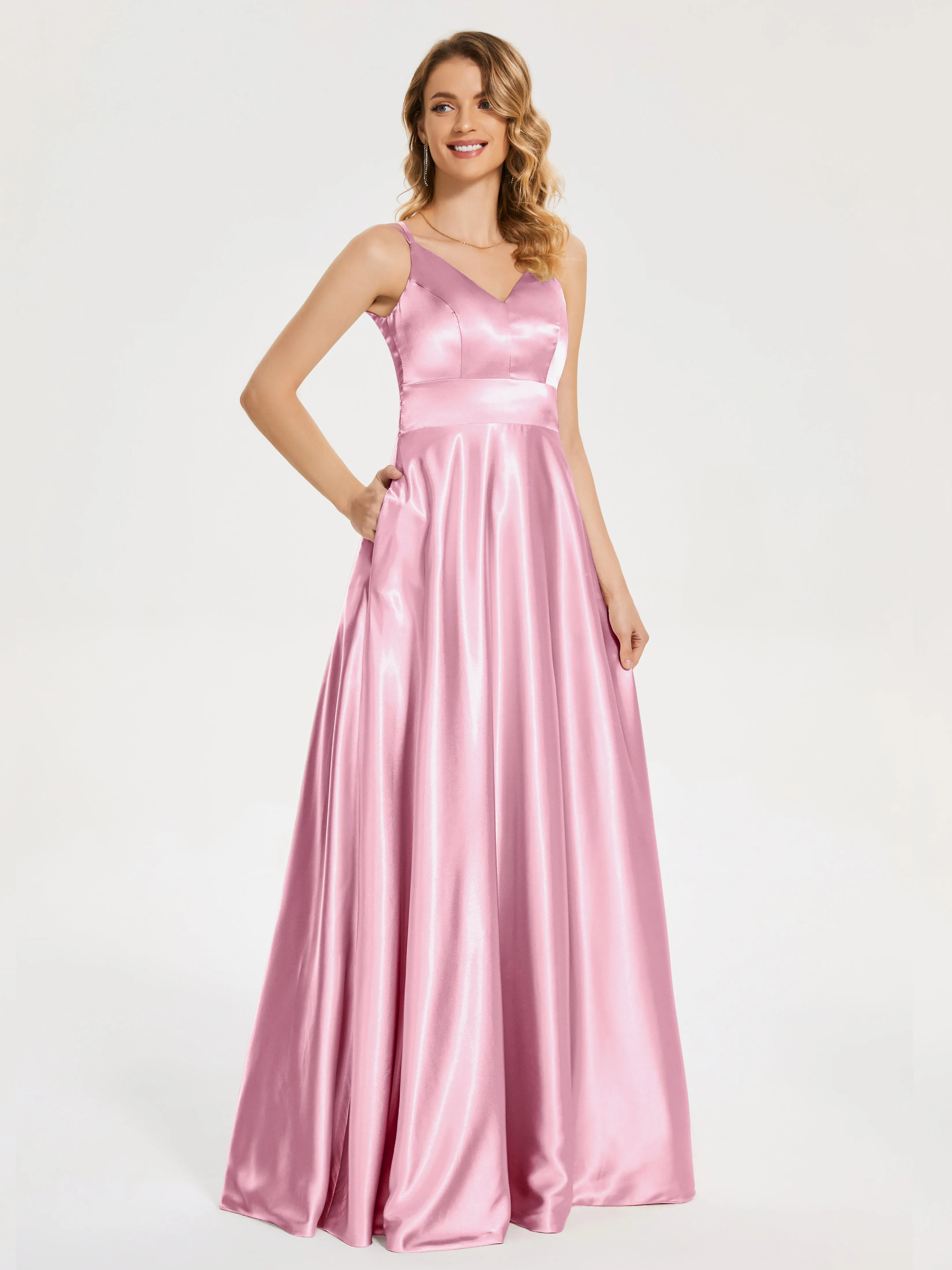 Briella Charming V Neck Soft Satin Dresses