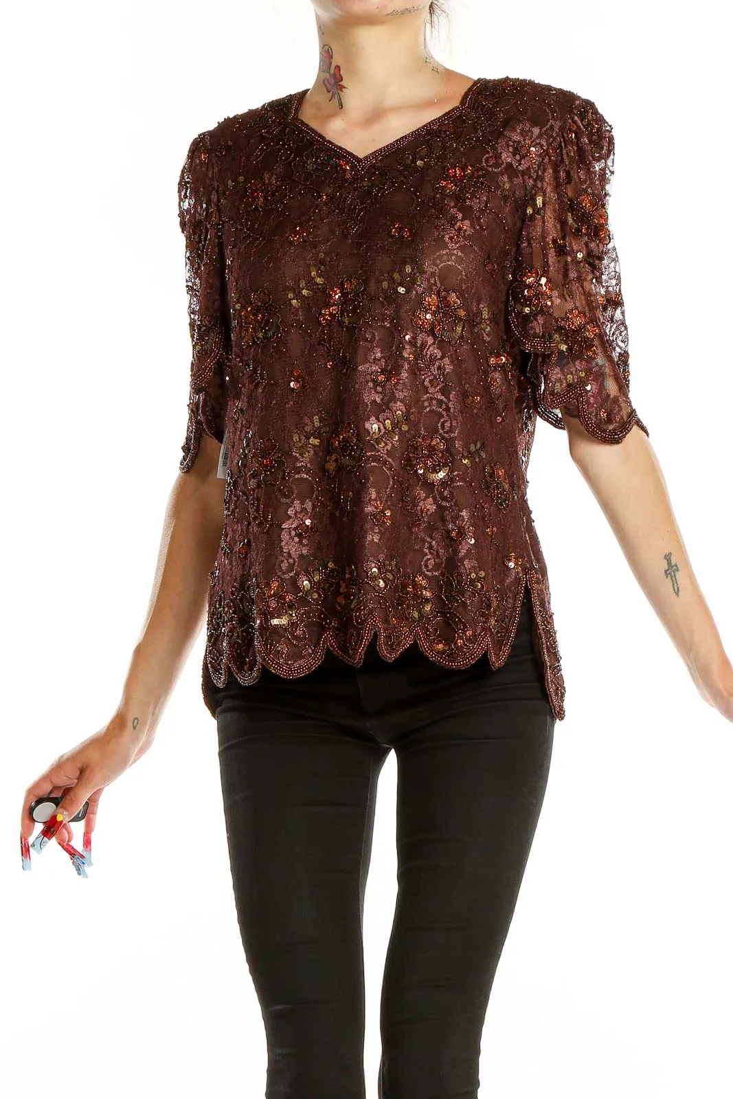 Brown Sequined Lace Blouse