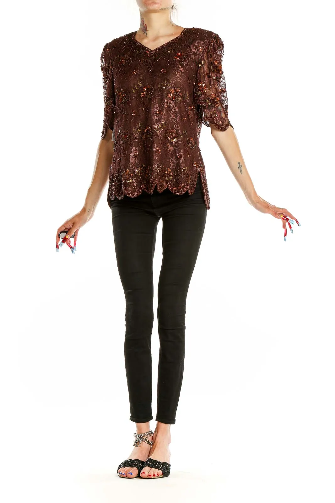 Brown Sequined Lace Blouse