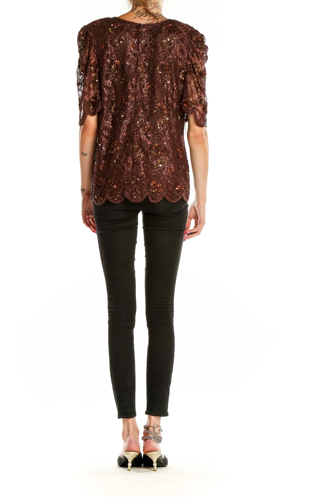 Brown Sequined Lace Blouse