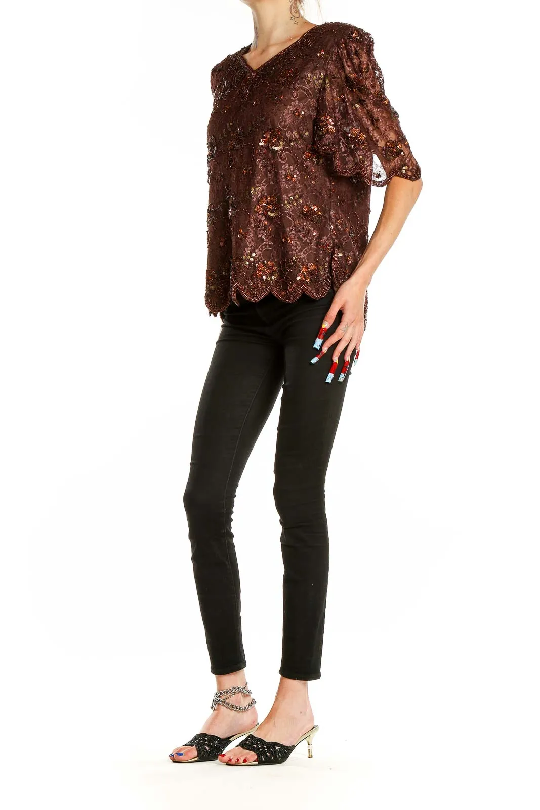 Brown Sequined Lace Blouse