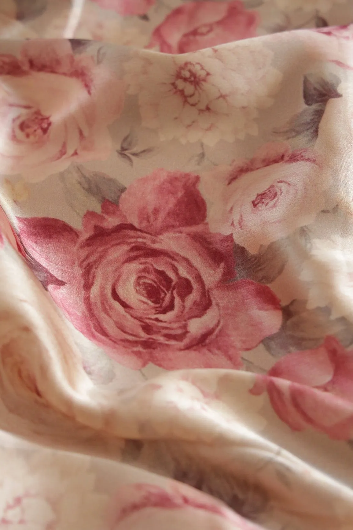 Burgundy Floral Pattern Digital Print On Cream Satin Fabric