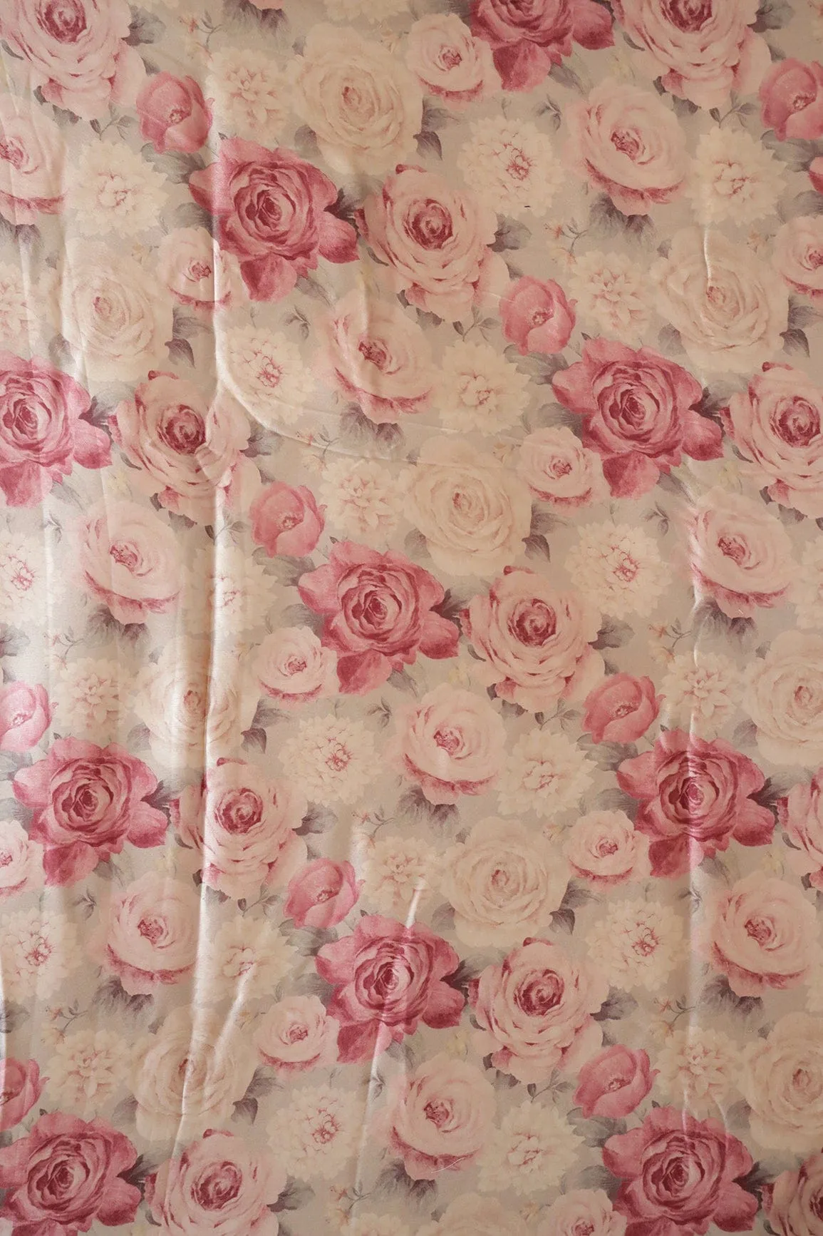 Burgundy Floral Pattern Digital Print On Cream Satin Fabric