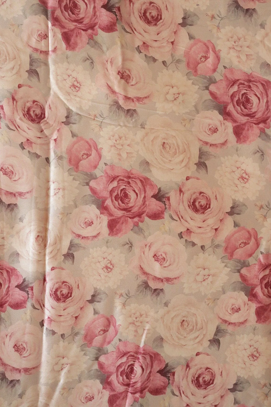 Burgundy Floral Pattern Digital Print On Cream Satin Fabric