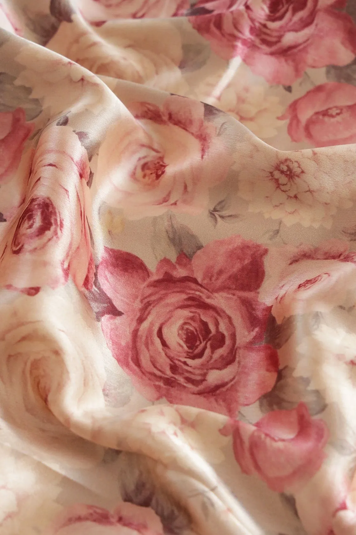 Burgundy Floral Pattern Digital Print On Cream Satin Fabric