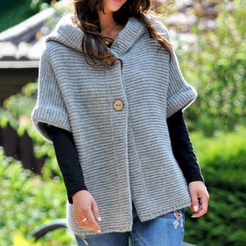 Button Up Half Sleeve Hooded Cardigan Sweater