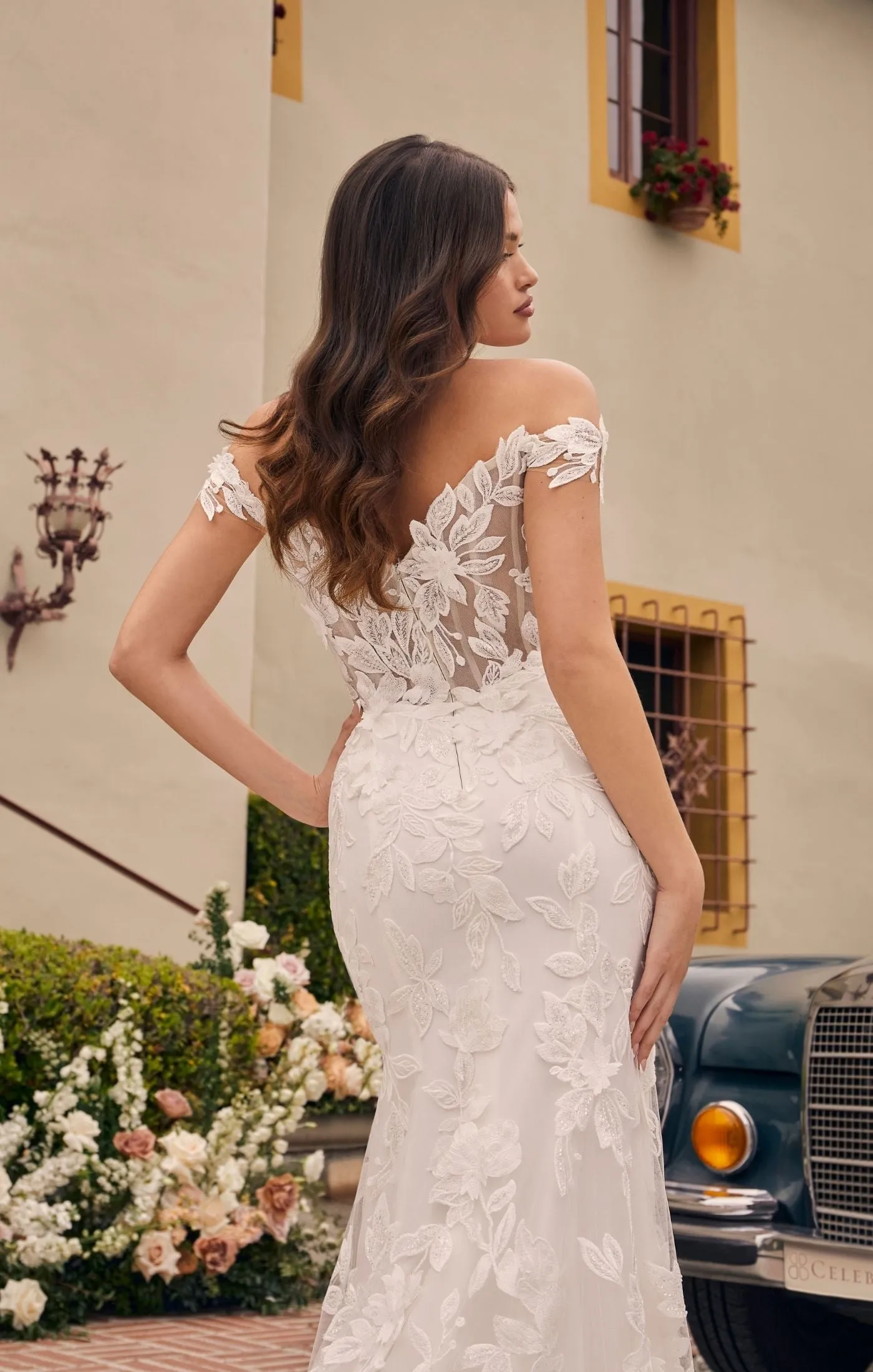 Casablanca Bridal 2541 Augustine A-Line Off The Shoulder 3D Floral Appliques Sheer Corset Train Slit Wedding Gown