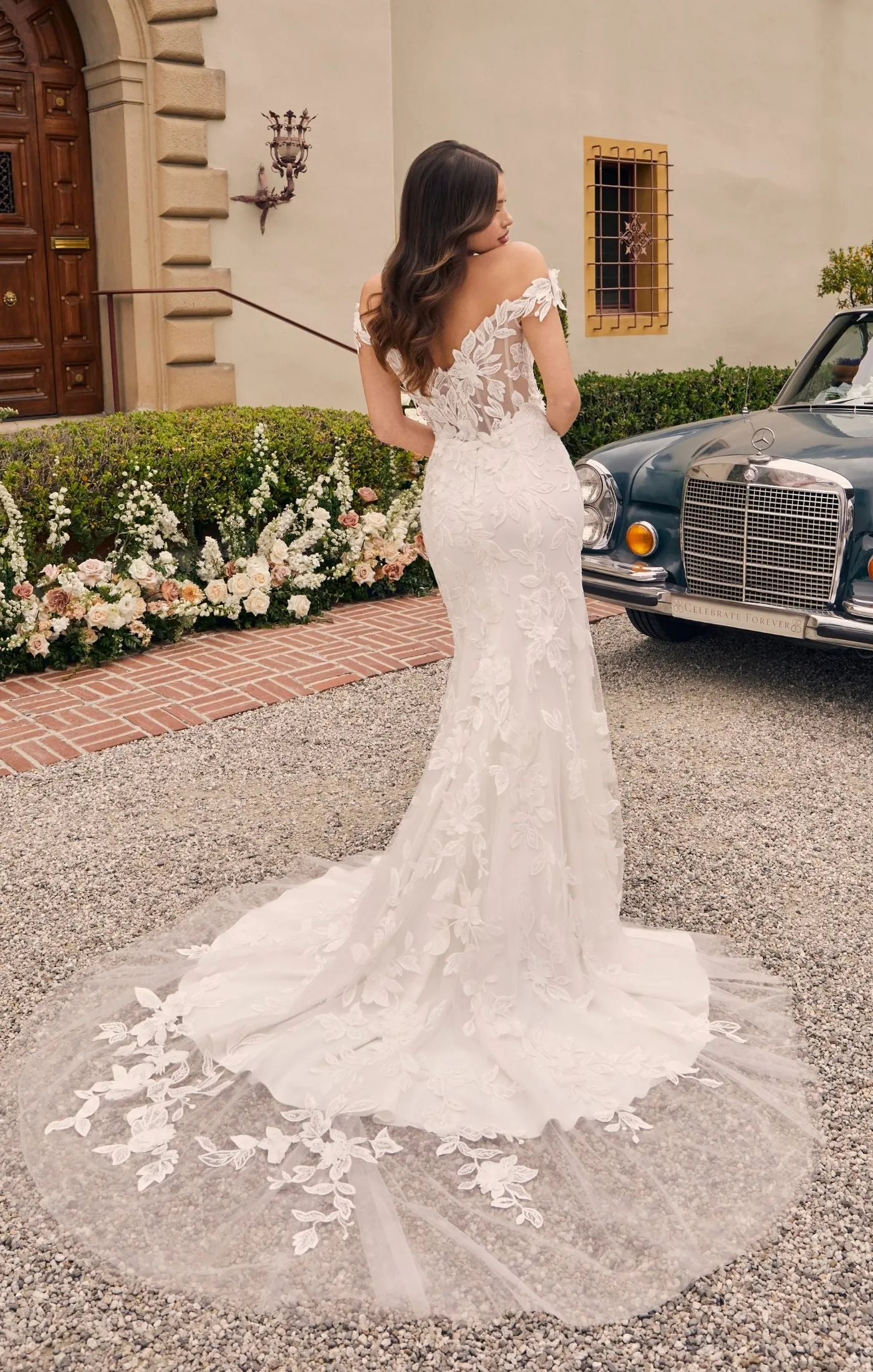 Casablanca Bridal 2541 Augustine A-Line Off The Shoulder 3D Floral Appliques Sheer Corset Train Slit Wedding Gown