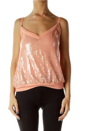 Coral Spaghetti Strap Sequined Tank