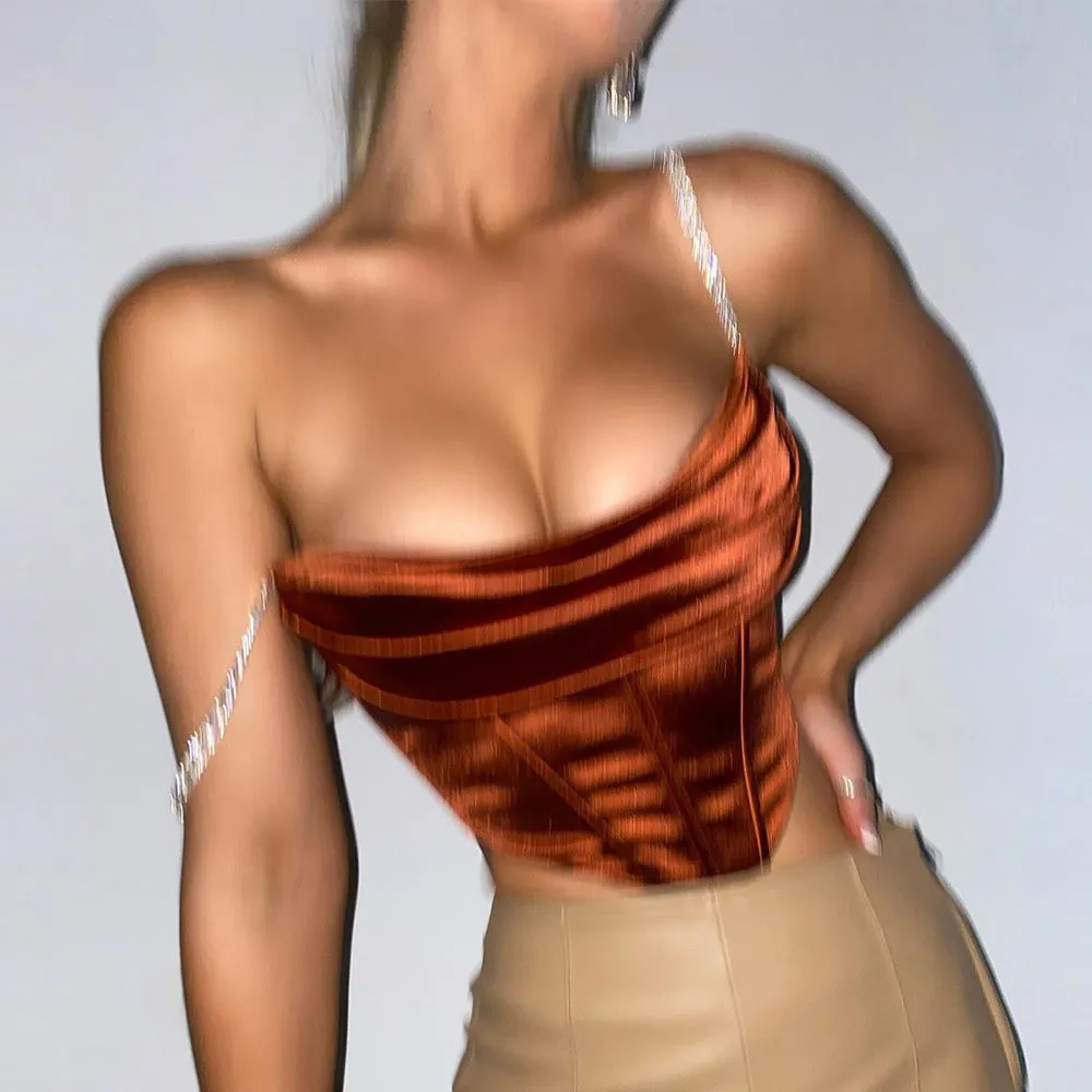 Crop Top Crystal Diamond Cropped Bustier Cami Top Stacked Satin with Full Lined Women Sexy Club Wear Outfits Corset Tops