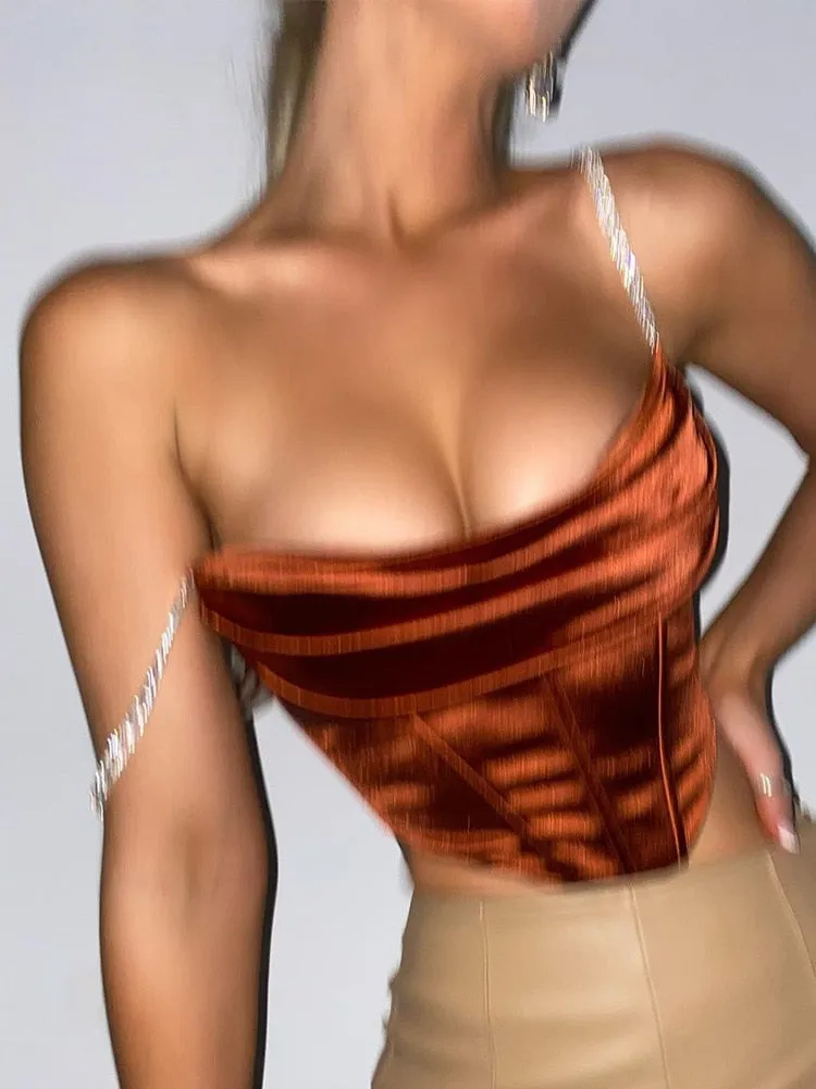 Crop Top Crystal Diamond Cropped Bustier Cami Top Stacked Satin with Full Lined Women Sexy Club Wear Outfits Corset Tops