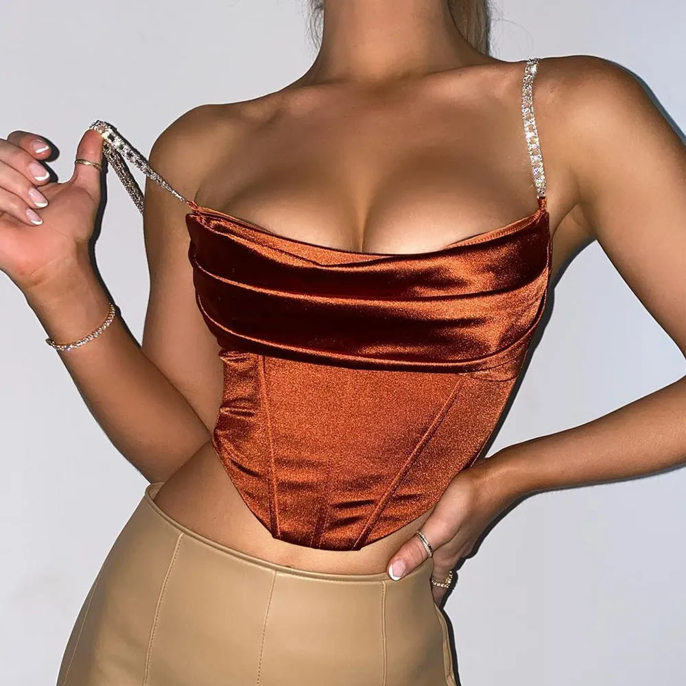 Crop Top Crystal Diamond Cropped Bustier Cami Top Stacked Satin with Full Lined Women Sexy Club Wear Outfits Corset Tops