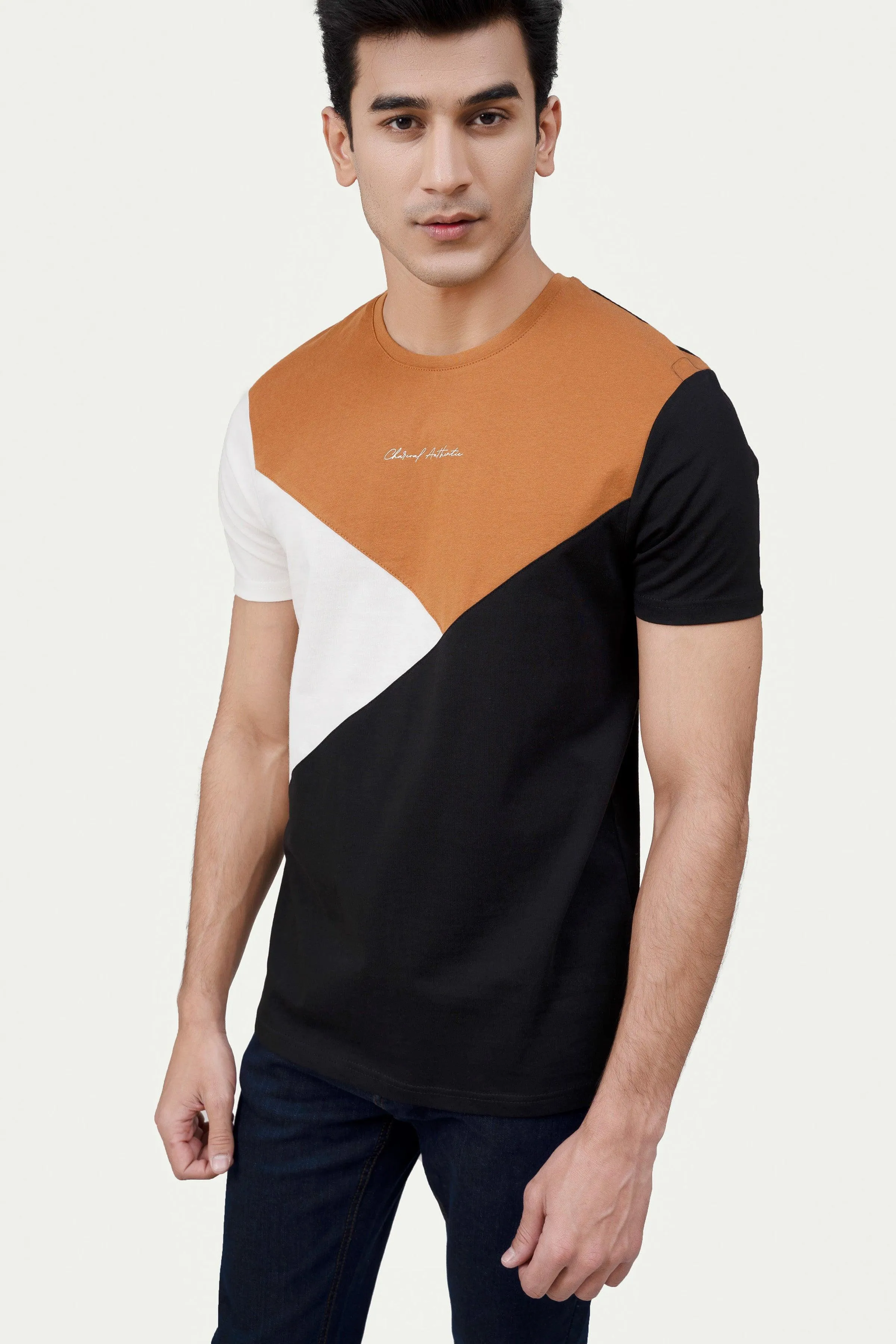 CUT & SEW PANEL T-SHIRT RUST