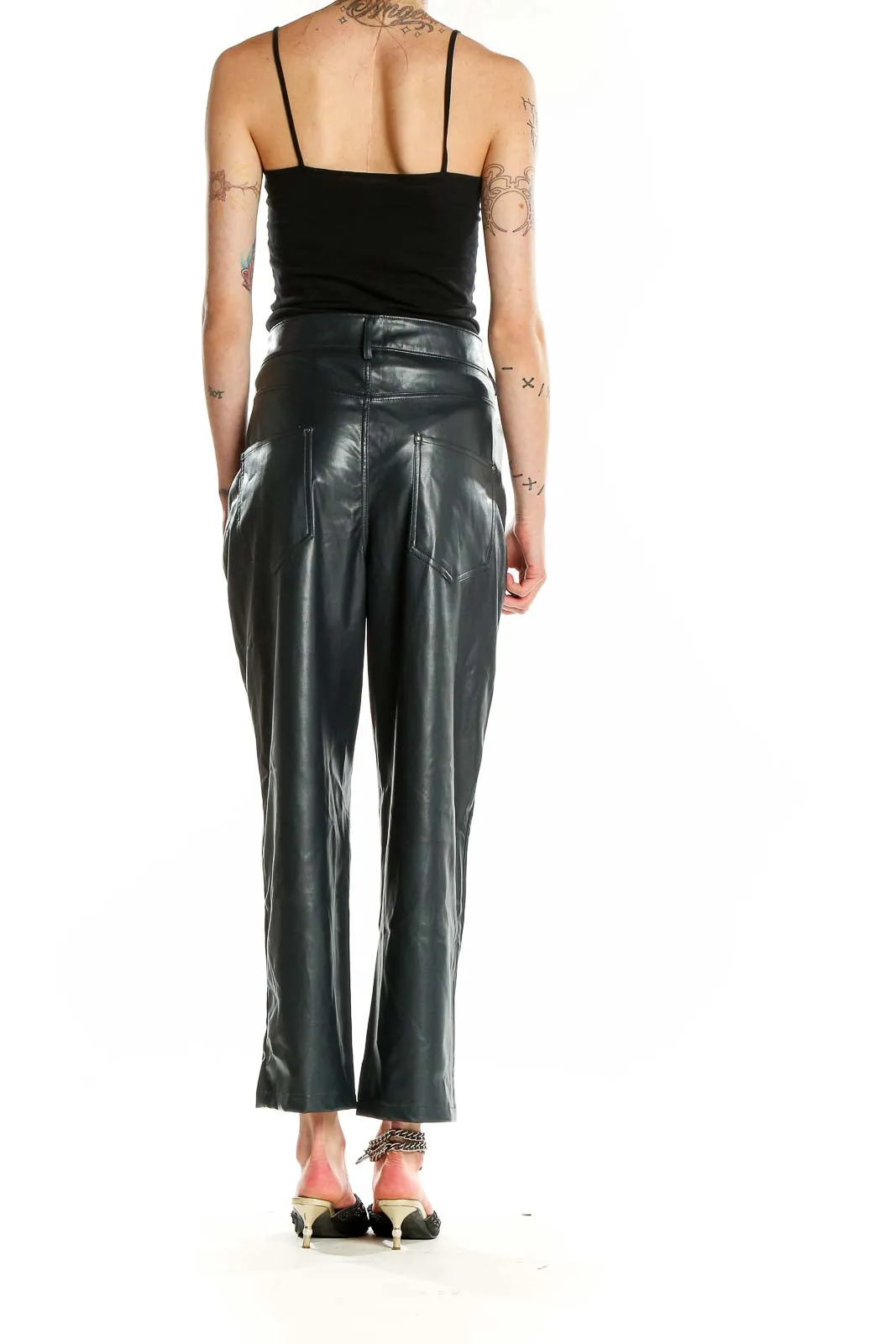 Dark Green Faux Leather Wide-Leg Pants