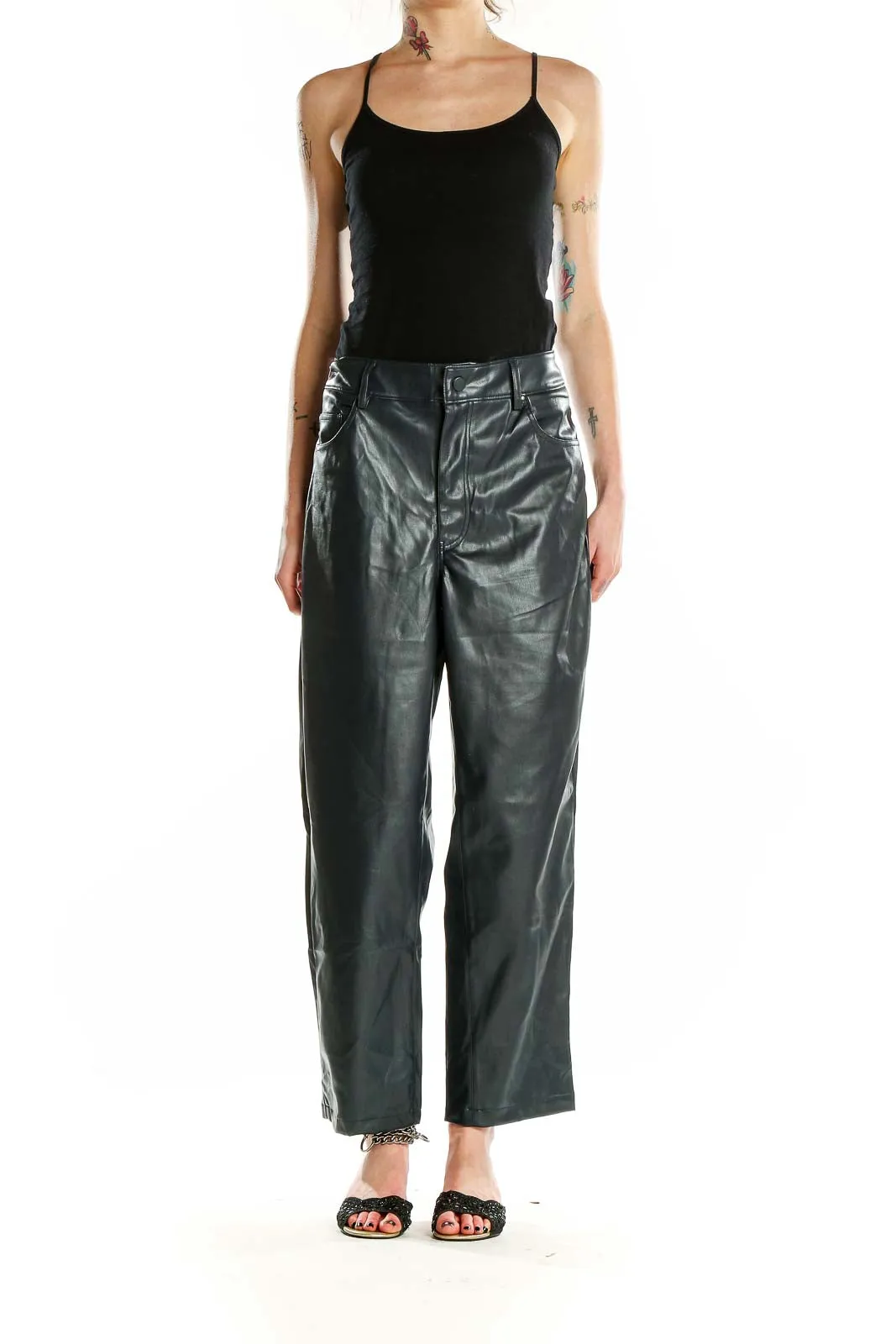 Dark Green Faux Leather Wide-Leg Pants