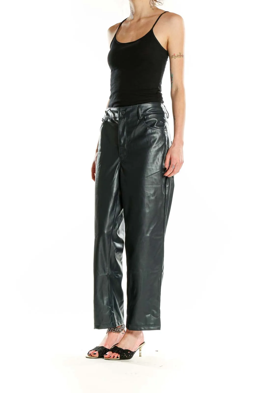 Dark Green Faux Leather Wide-Leg Pants