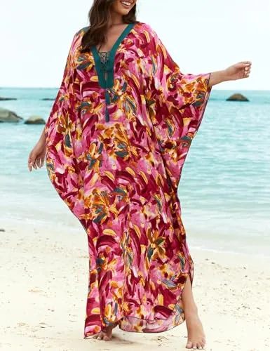 Eddoyee Womens Loose Kaftan Dresses Floral Print Plus Size Caftan Side Split V-neck Beach Bathing Suit Cover Up Red