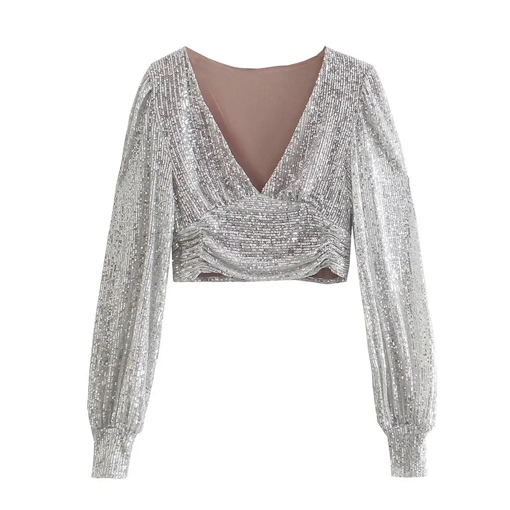 Elegant Women Sequined Tops 2021 Spring Fashion Ladies Vintage Silver Top Party Female Sexy V-Neck Tops Femme Girls Chic Clothes