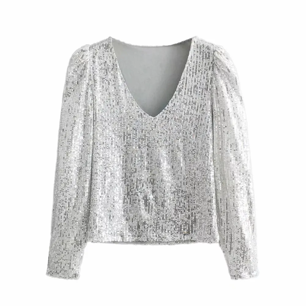 Elegant Women Sequined Tops 2021 Spring Fashion Ladies Vintage Silver Top Party Female Sexy V-Neck Tops Femme Girls Chic Clothes