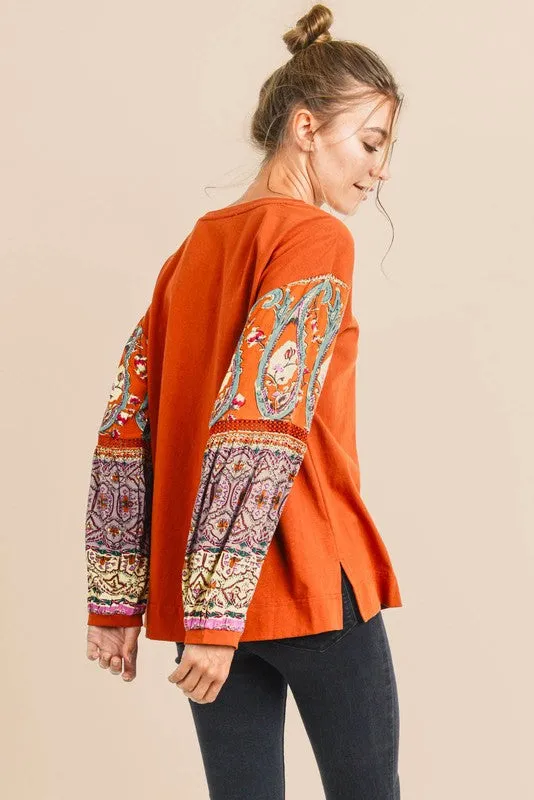 Elise Boho Contrast Long Sleeve Blouse