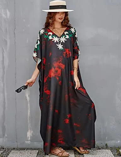 Ethnic Print Long Beach Kaftan for Women V-Neck Cover Up