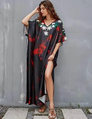 Ethnic Print Long Beach Kaftan for Women V-Neck Cover Up