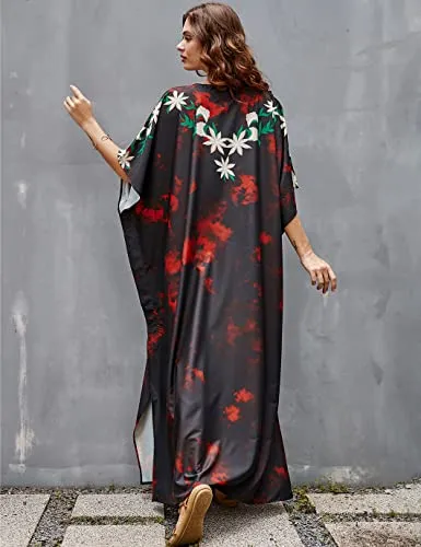 Ethnic Print Long Beach Kaftan for Women V-Neck Cover Up