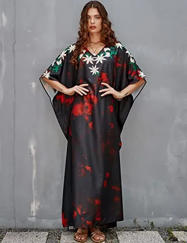 Ethnic Print Long Beach Kaftan for Women V-Neck Cover Up